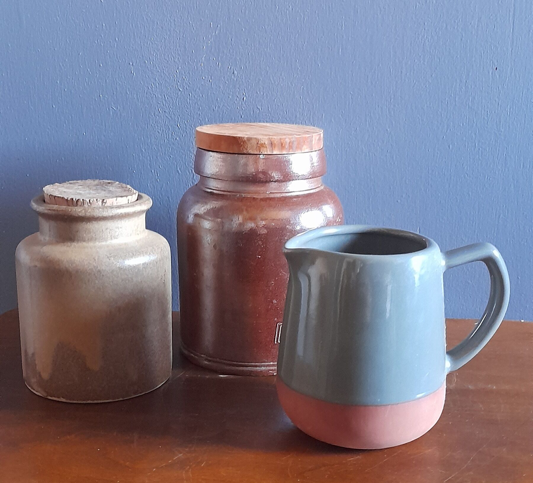 Trio of pottery & decorative stoneware pitcher - vintage