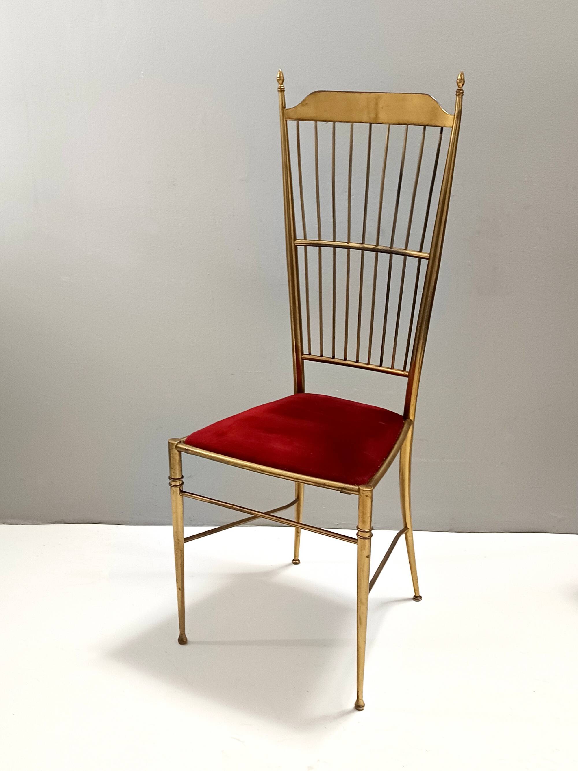 Pair of Vintage Brass and Red Velvet Chiavarine Chairs, Italy