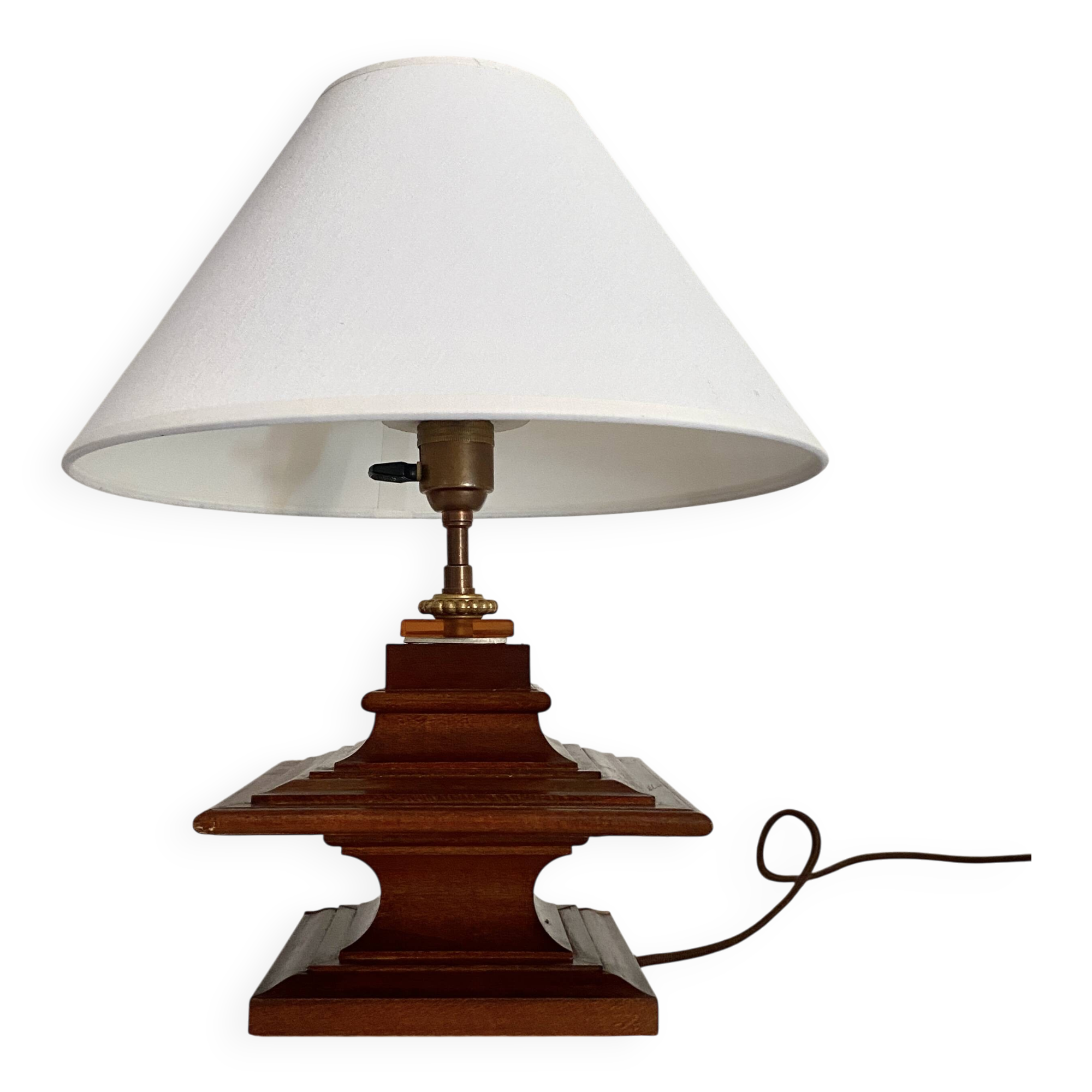 Lampe bois, câble tissu neuf 2M, abat-jour coton