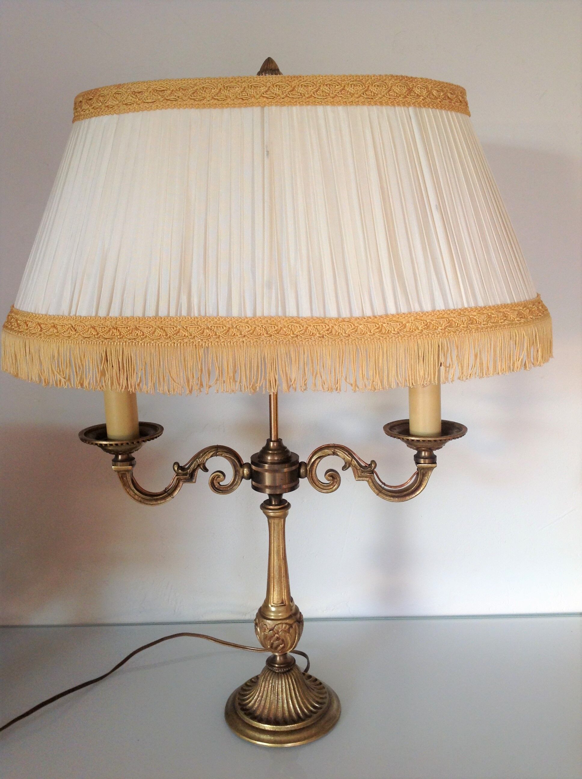 Empire style hot water bottle lamp with fabric lampshade / vintage 50-60s