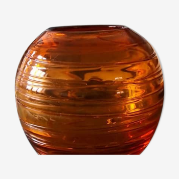 Vase boule verre strié moutarde transparent