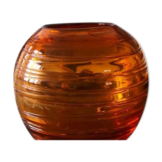 Vase boule verre strié moutarde transparent