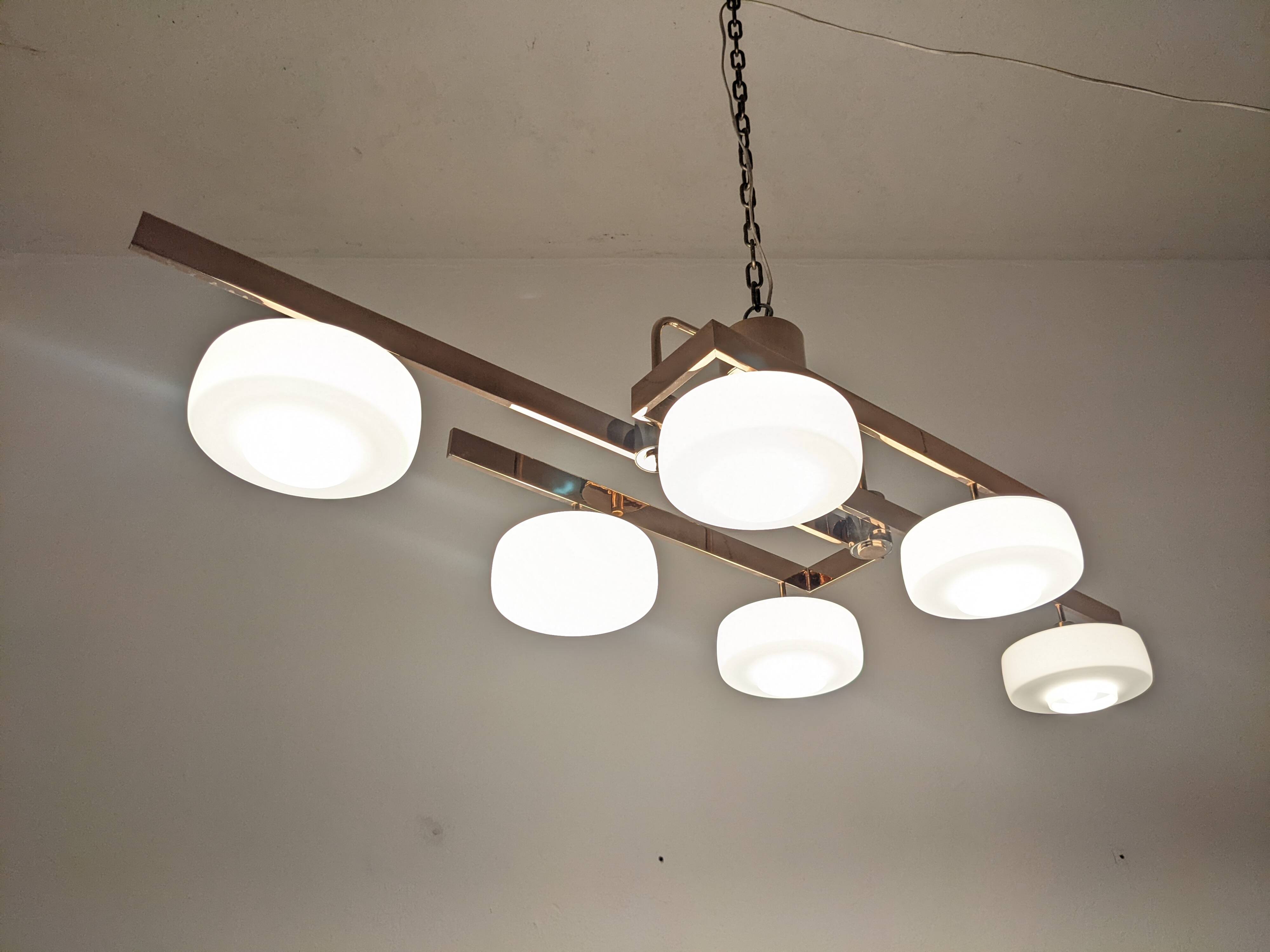 Arlus chandelier with 6 lights in opaline and brass from the 60s/70s