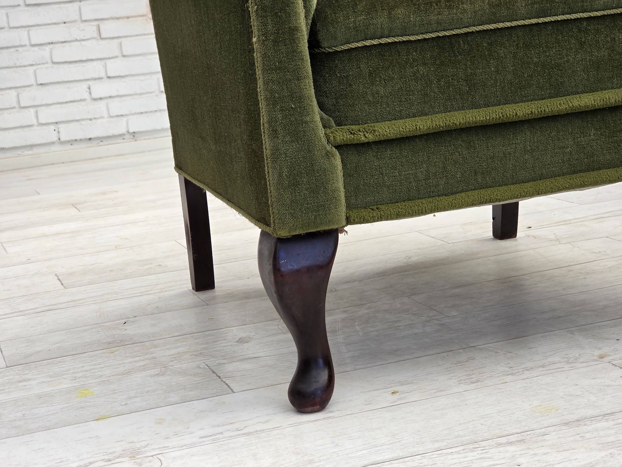 1950s, Danish armchair, green furniture velour, ash wood legs.