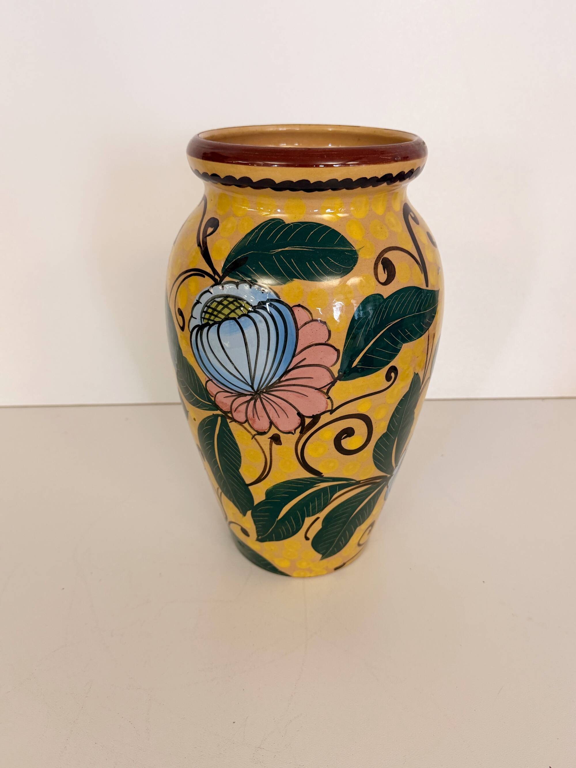 Art Deco Yellow Glazed Earthenware Vase with Futurist Floral Motifs, Italy