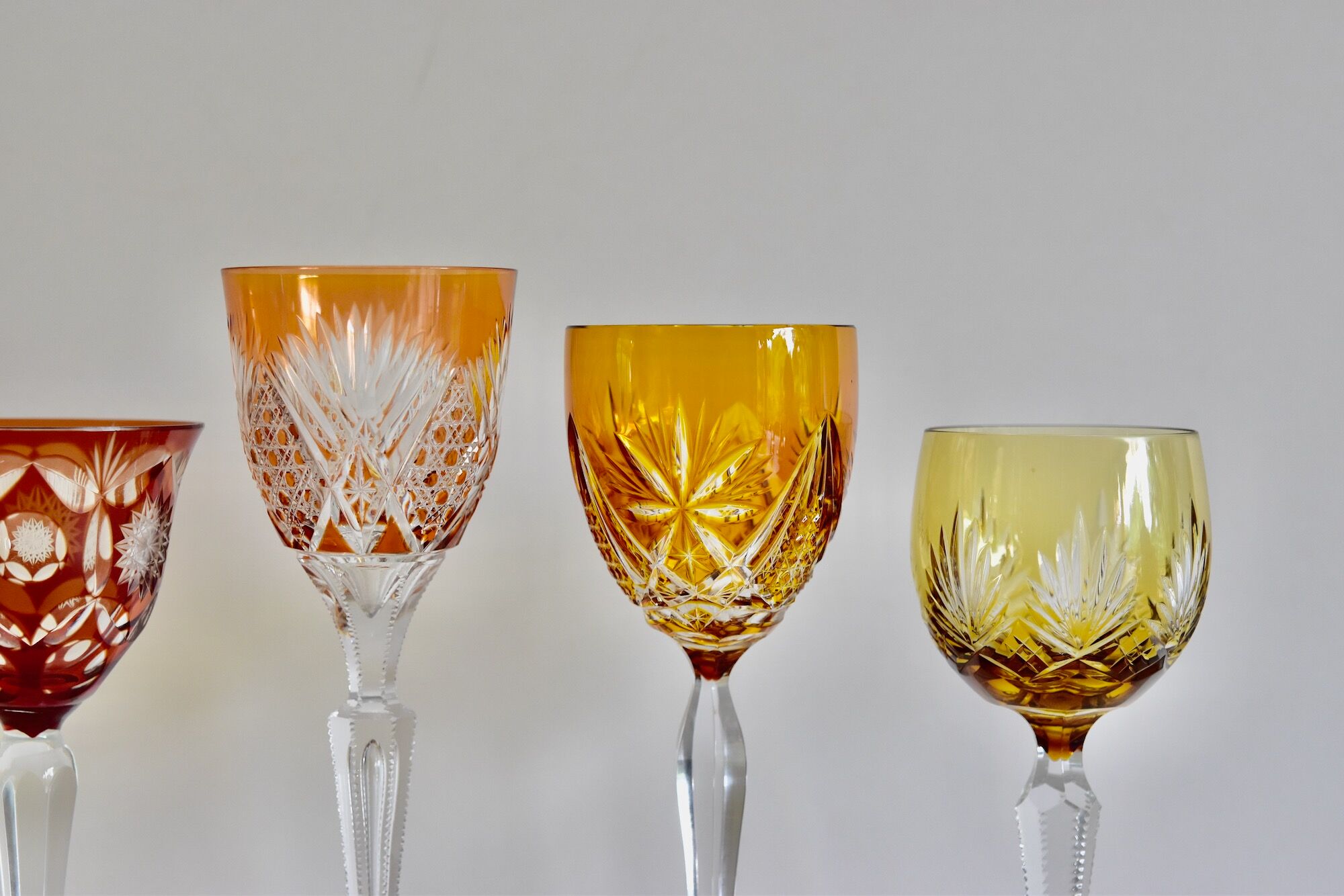 Set of 6 Bohemian Multicolored Antique Crystal Wine Glasses