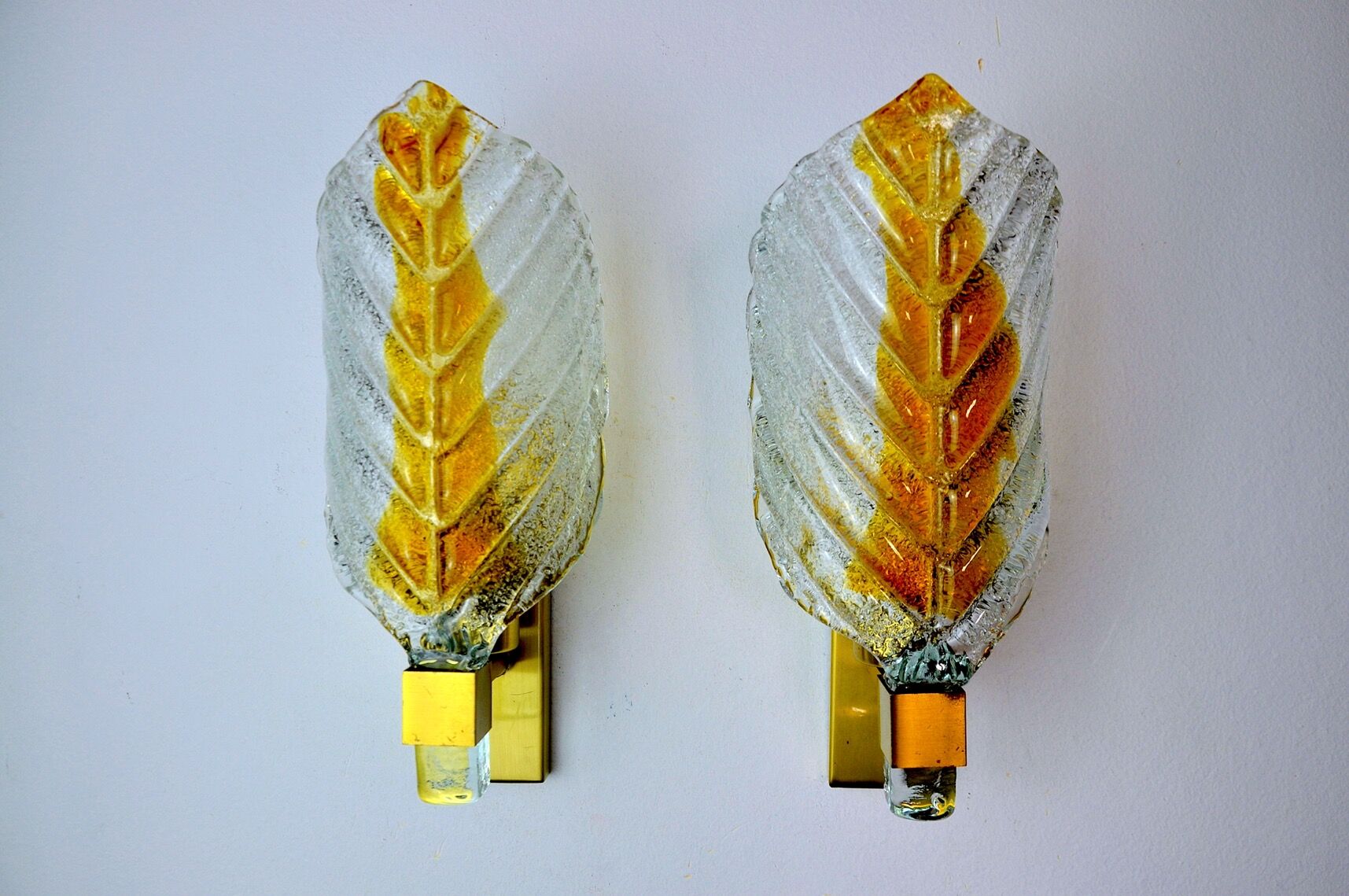 Pair of "leaf" wall lamps by Carl Fagerlund, orange Murano glass, Germany, 1970