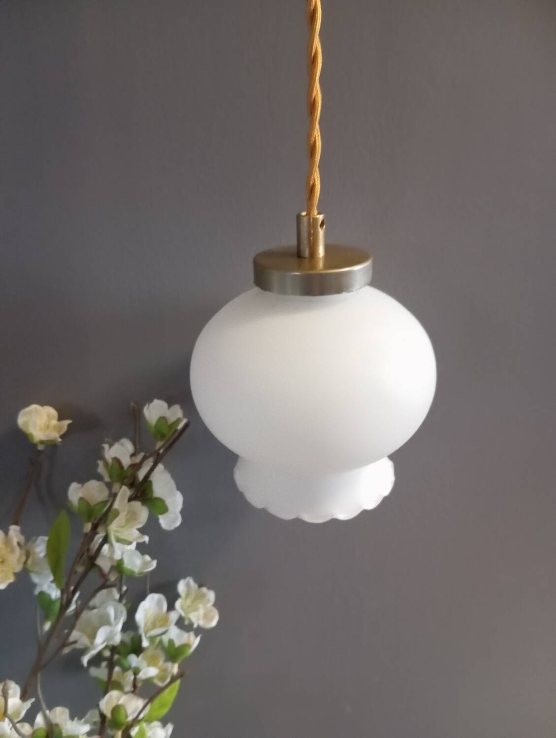 White opal curved glass hanging lamp, art deco style