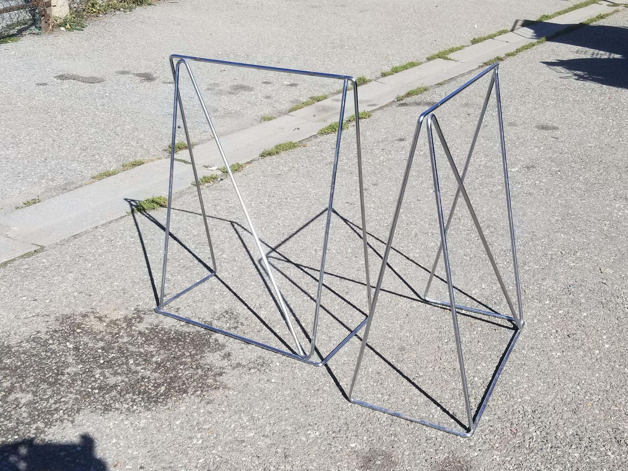 Vintage steel wire desk with chrome trestles and smoked glass top