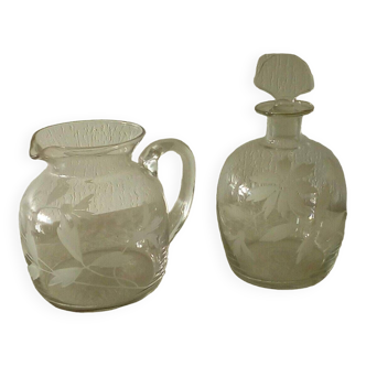 Verrerie fains cruche et carafe en cristal grave