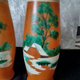Ancien : paires de vase en verre pâte de verre orange peint