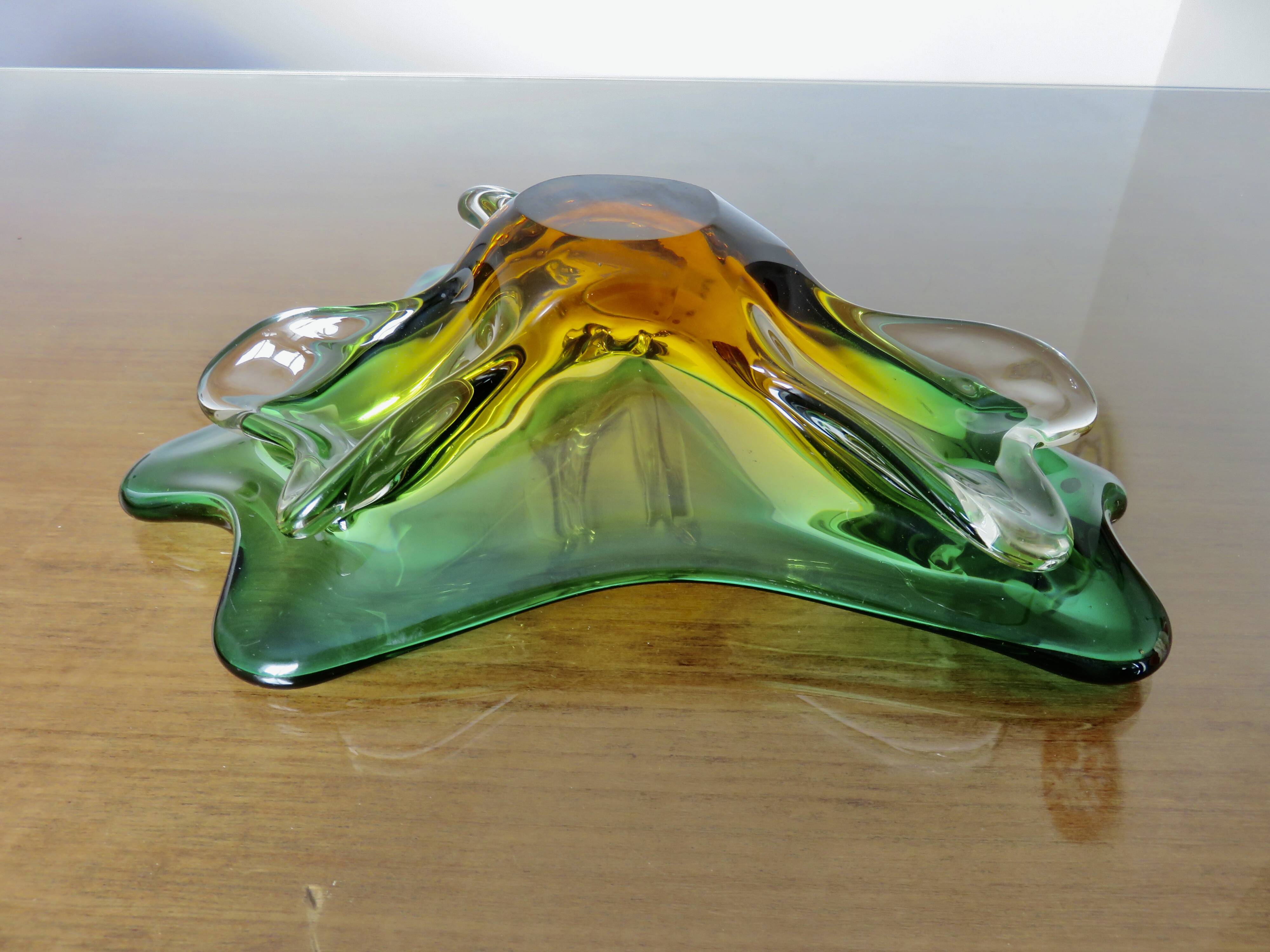 Vide poche en verre de Murano vert, ambre et transparent, années 60 70