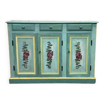 Enfilade 3 portes des années 1930 en châtaignier et sapin à décor floral