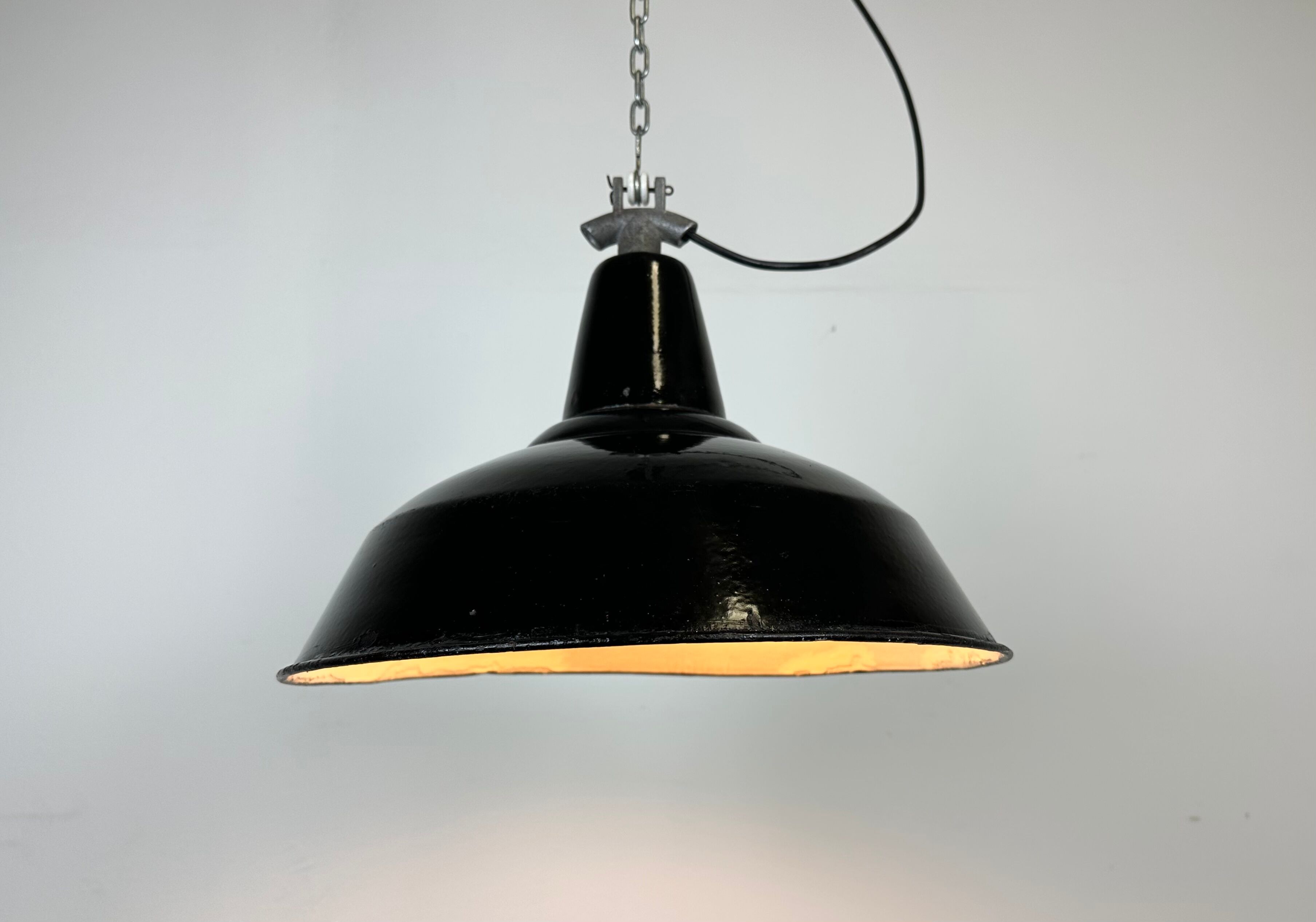 Industrial Black Enamel Factory Lamp with Cast Iron Top, 1960s