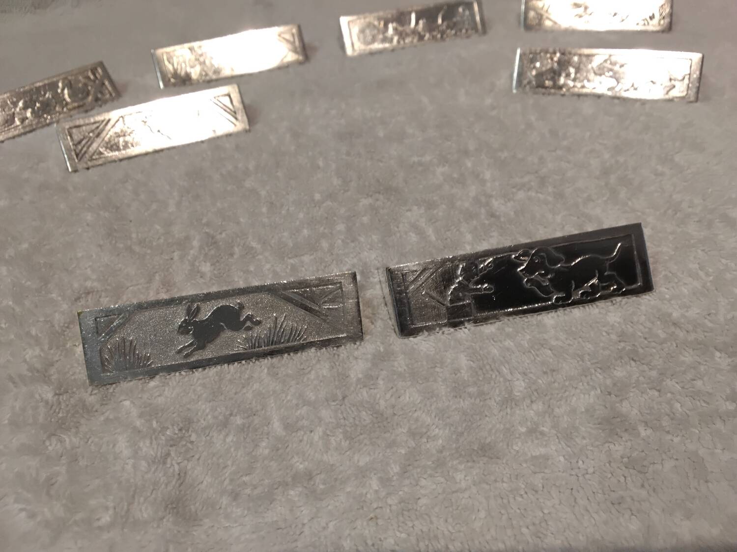 10 silver-plated metal knife and card holders, art deco style, Rabier