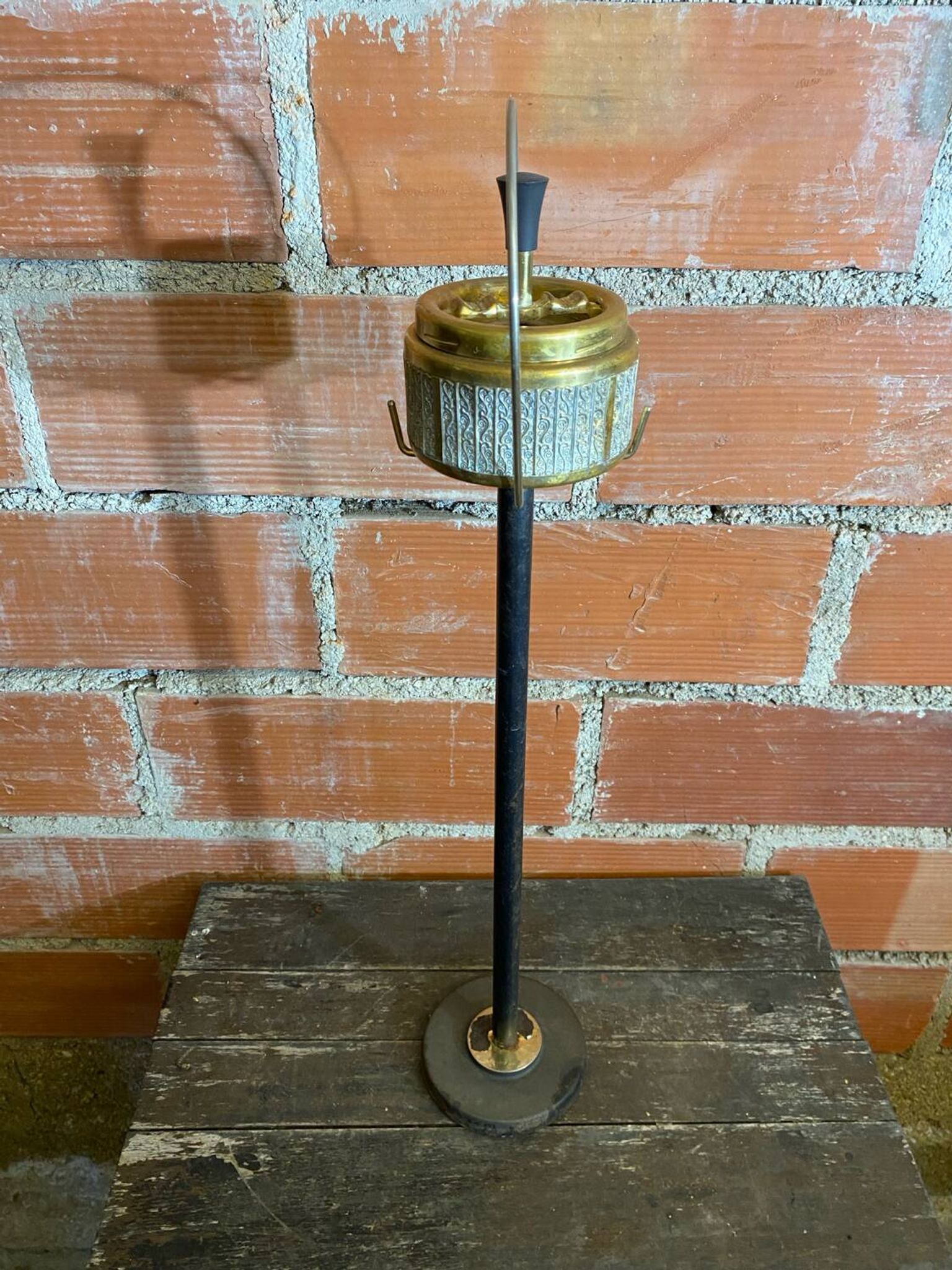 Vintage French Cast Iron Stand Ashtray + Gold Metal Ashtray #D