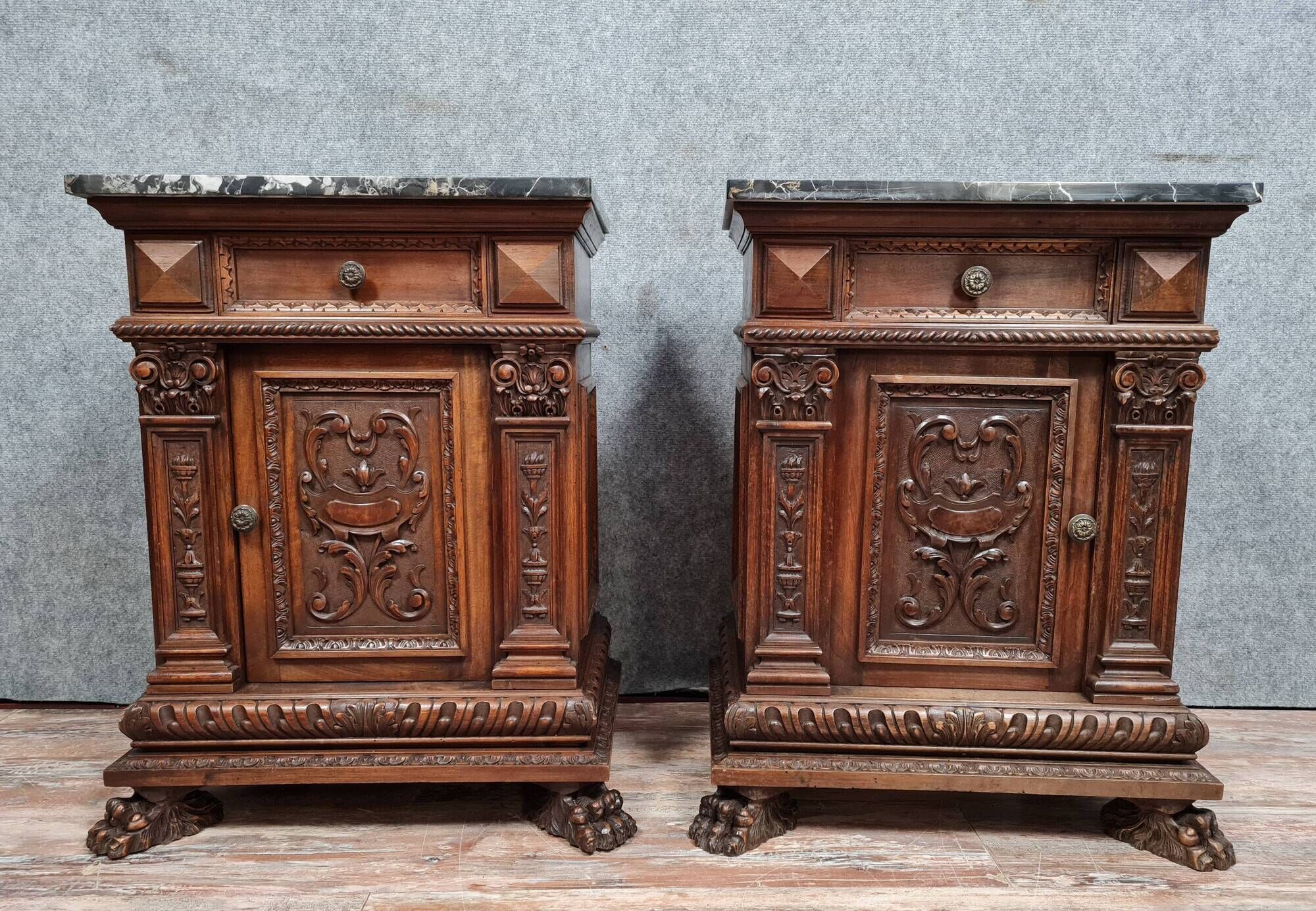 Pair of ceremonial furniture or Renaissance walnut bedside tables around 1850