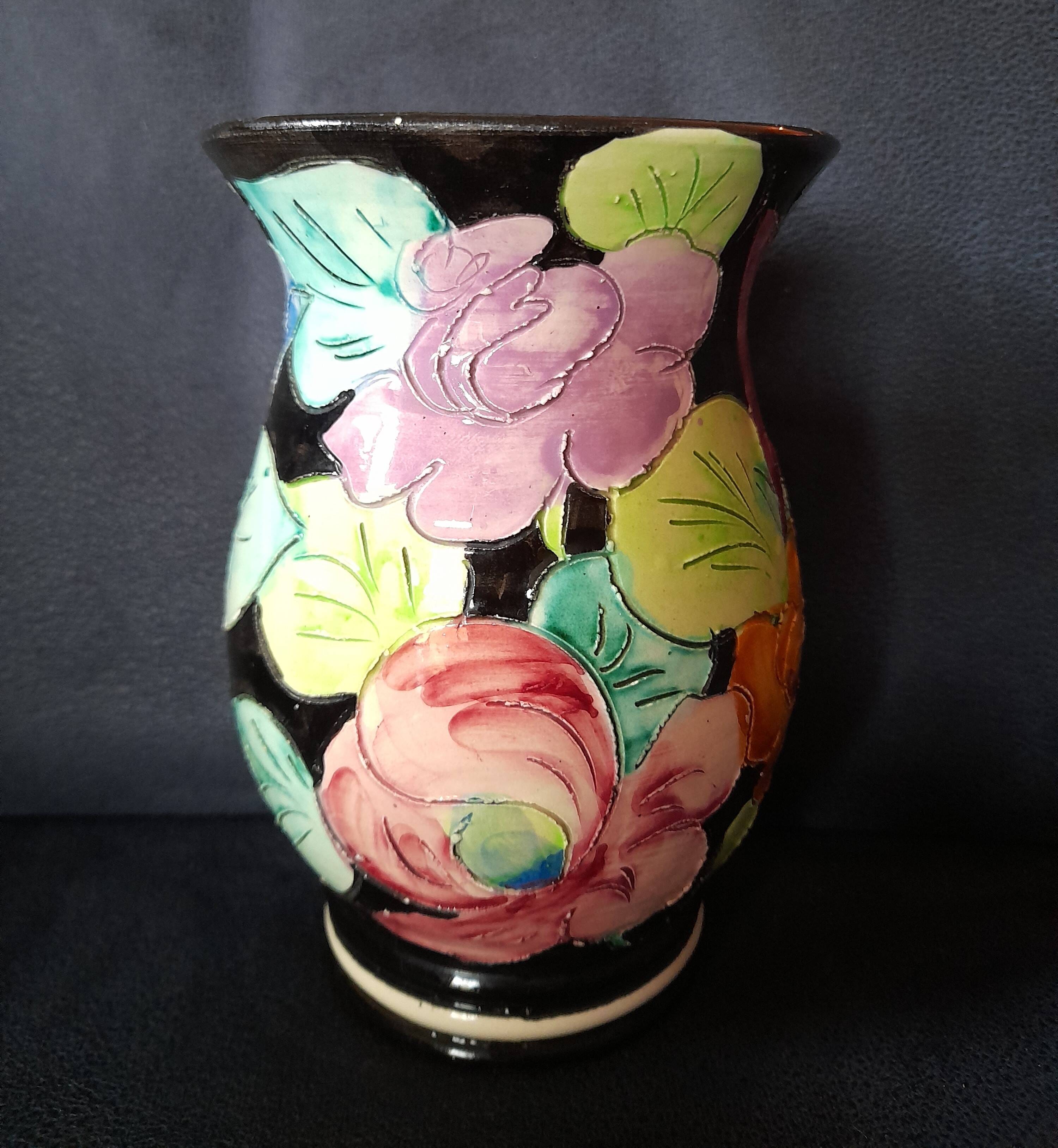 Vallauris glazed ceramic vase with incised flower decoration