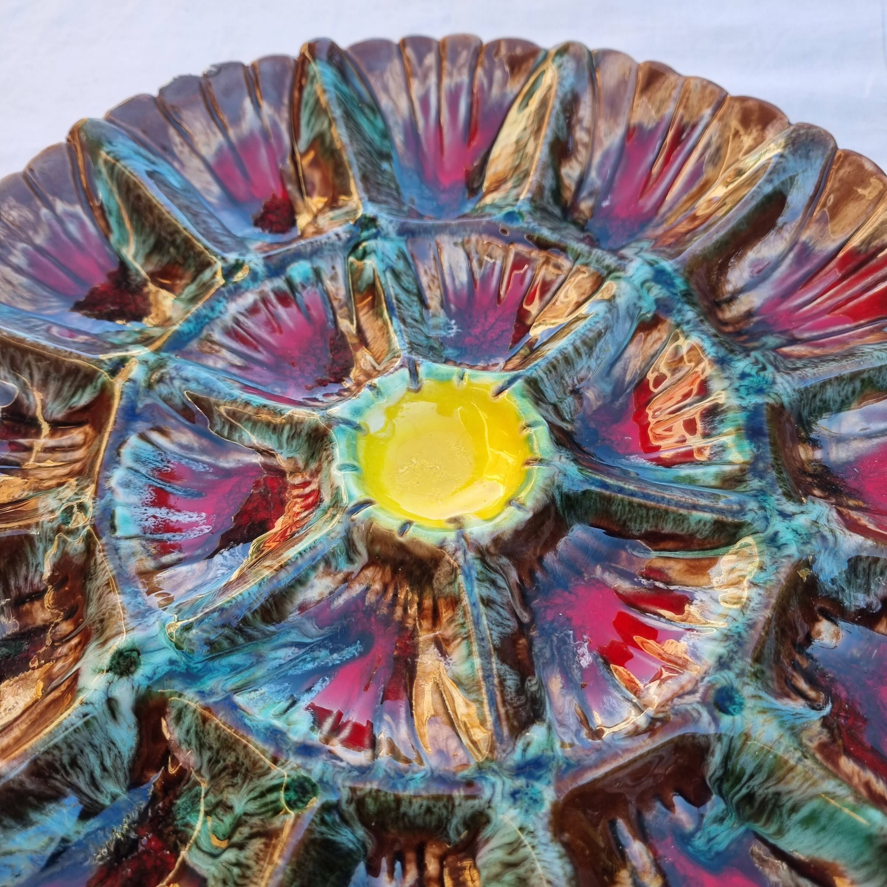 Handmade painted and glazed Barbotina ceramic oyster dish from Vallauris France ann