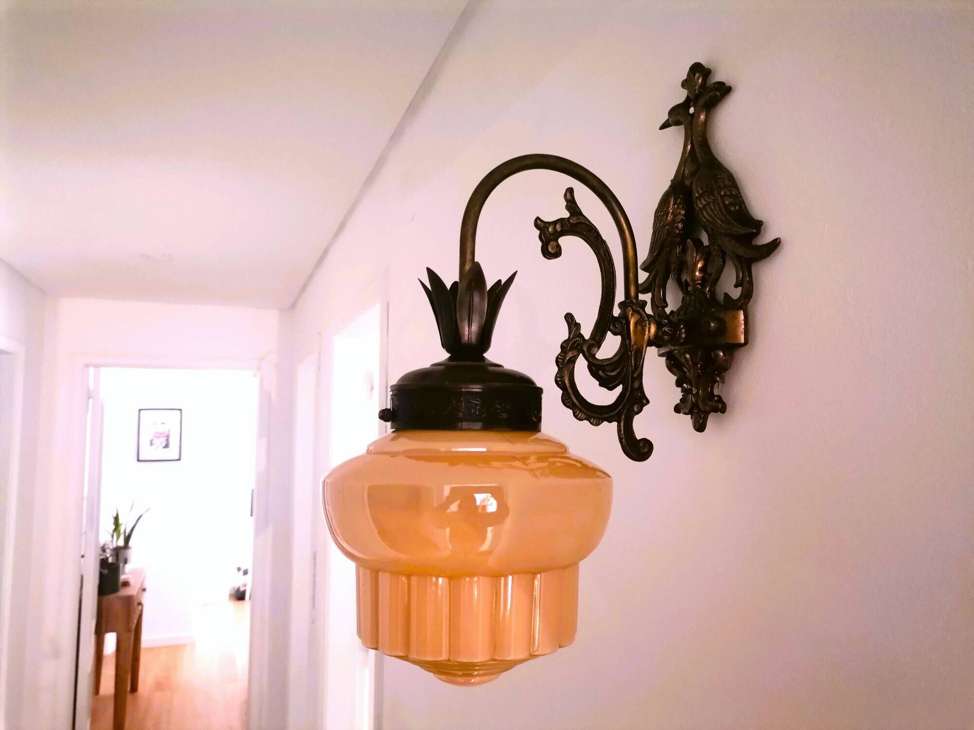 Art Deco iridescent glass and cast iron birds wall lamp 1940s