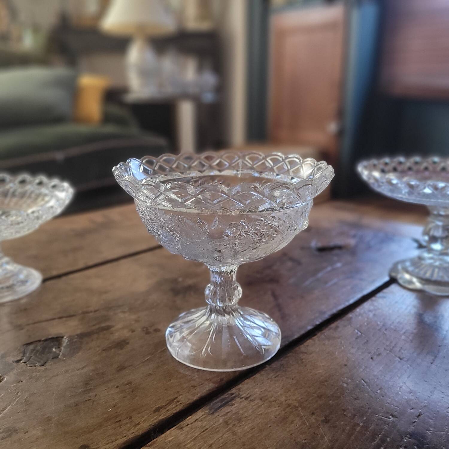 Trio of antique openwork pressed glass bowls – France, 1920–1940