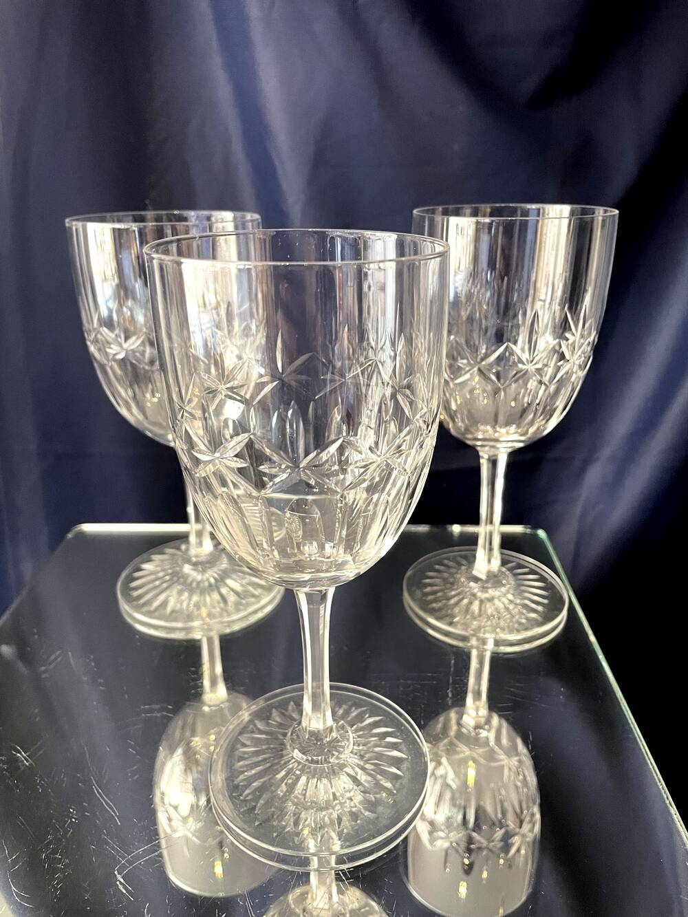 Set of 3 cut crystal water or wine glasses