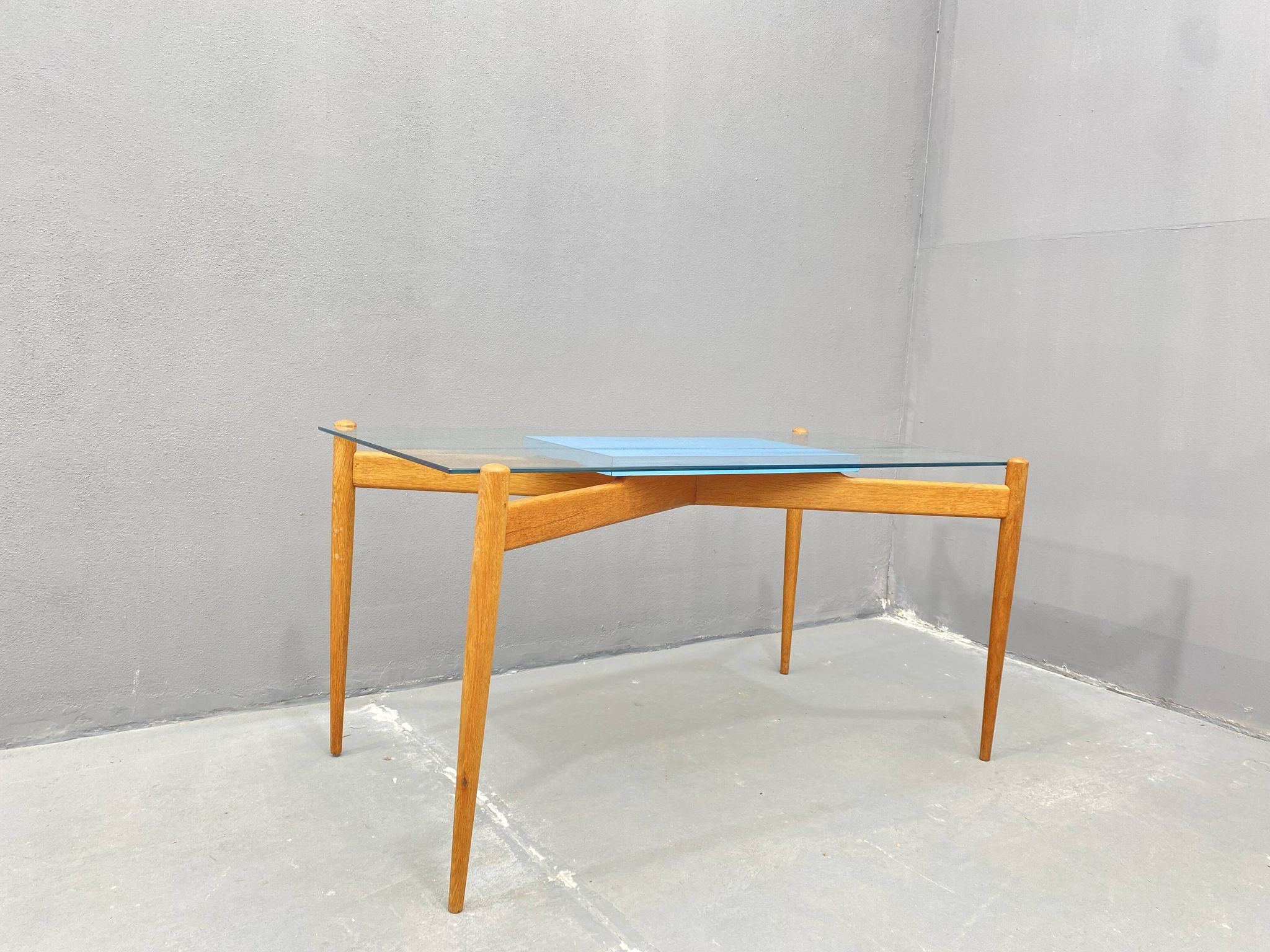 Glass coffee table with a wooden frame, 1960s, Czechoslovakia.