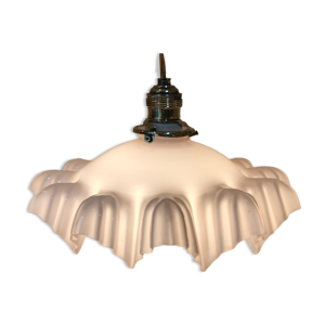 Suspension lustre ancien opaline rose pale plissé 1930 VINTAGE