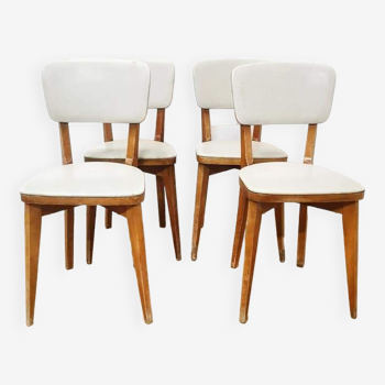 Set of 4 60s chairs in wood and white skai