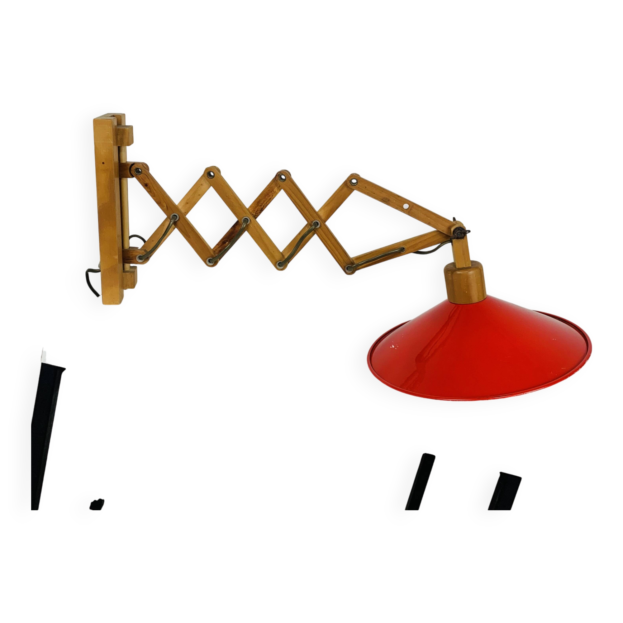 SCE 60s accordion wall light, wood and red reflector