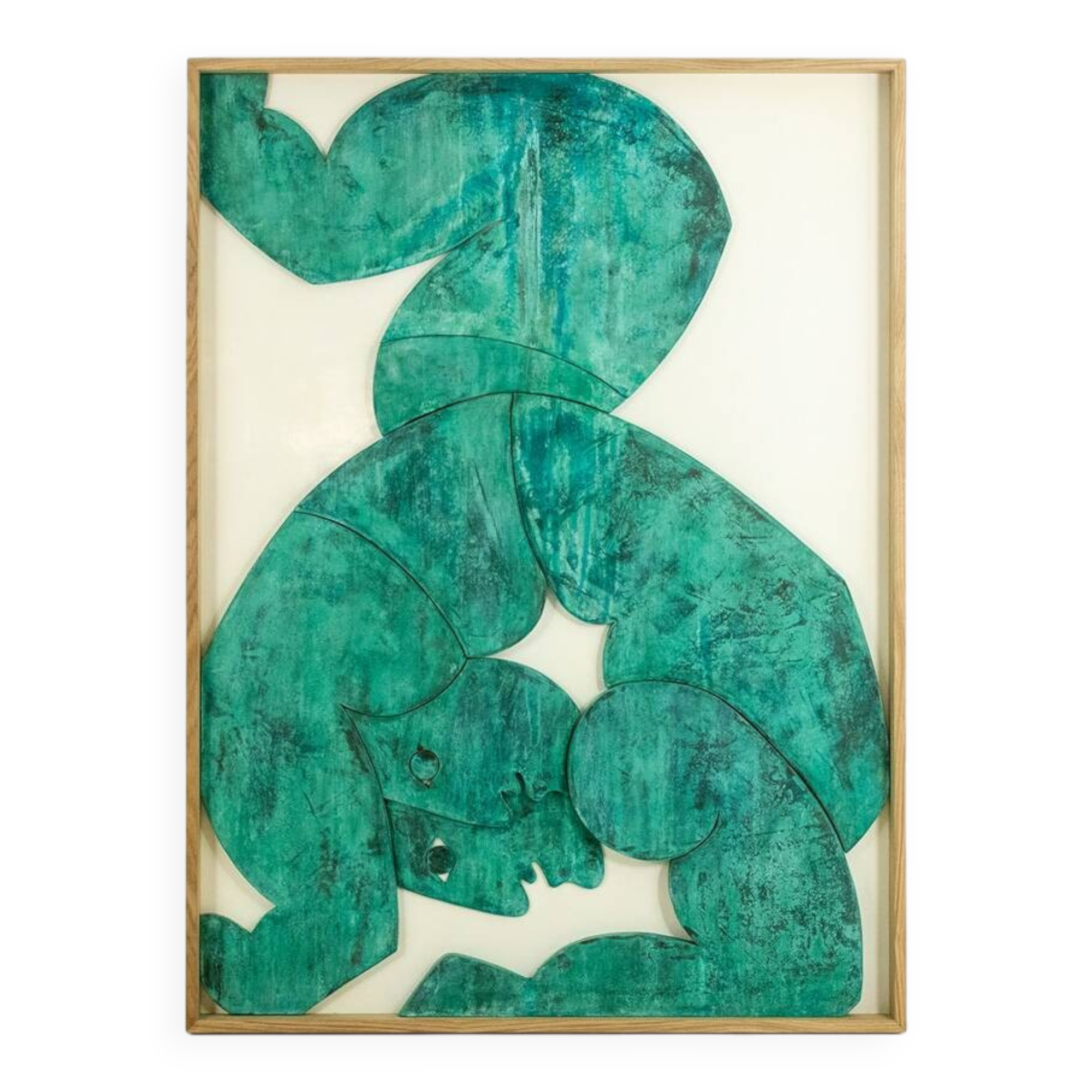 “The Twins”, bas-relief framed in oak wood and patinated copper.