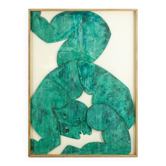“The Twins”, bas-relief framed in oak wood and patinated copper.