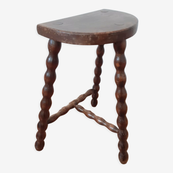 Tabouret de traite vintage , en bois ciré , tripode , années 50