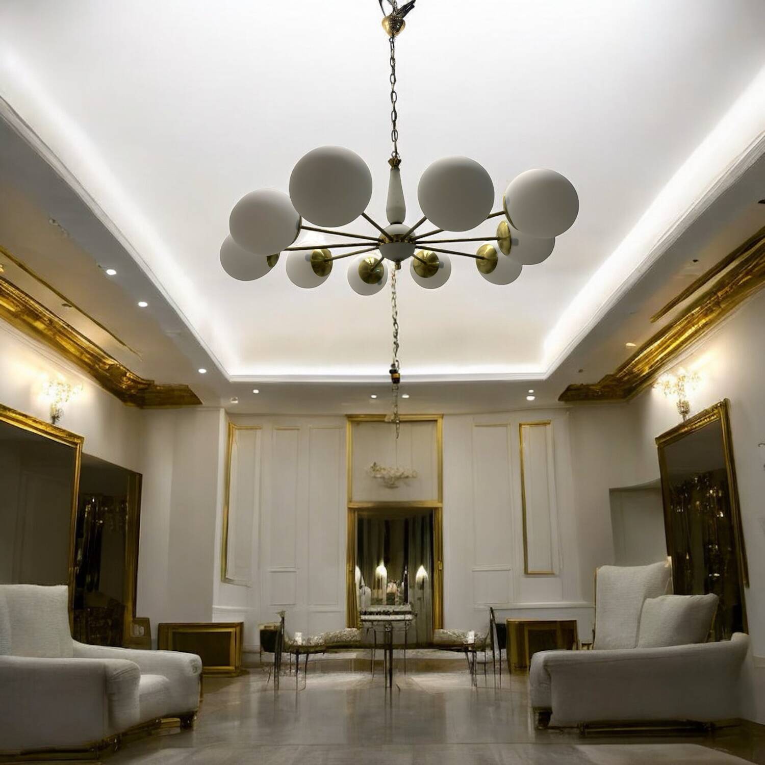 White Brass Opaline Glass Sputnik Chandelier 10 lights