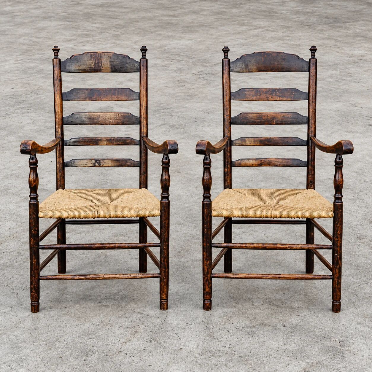 Early 20th century handcrafted and carved highback / ladder back chairs /
