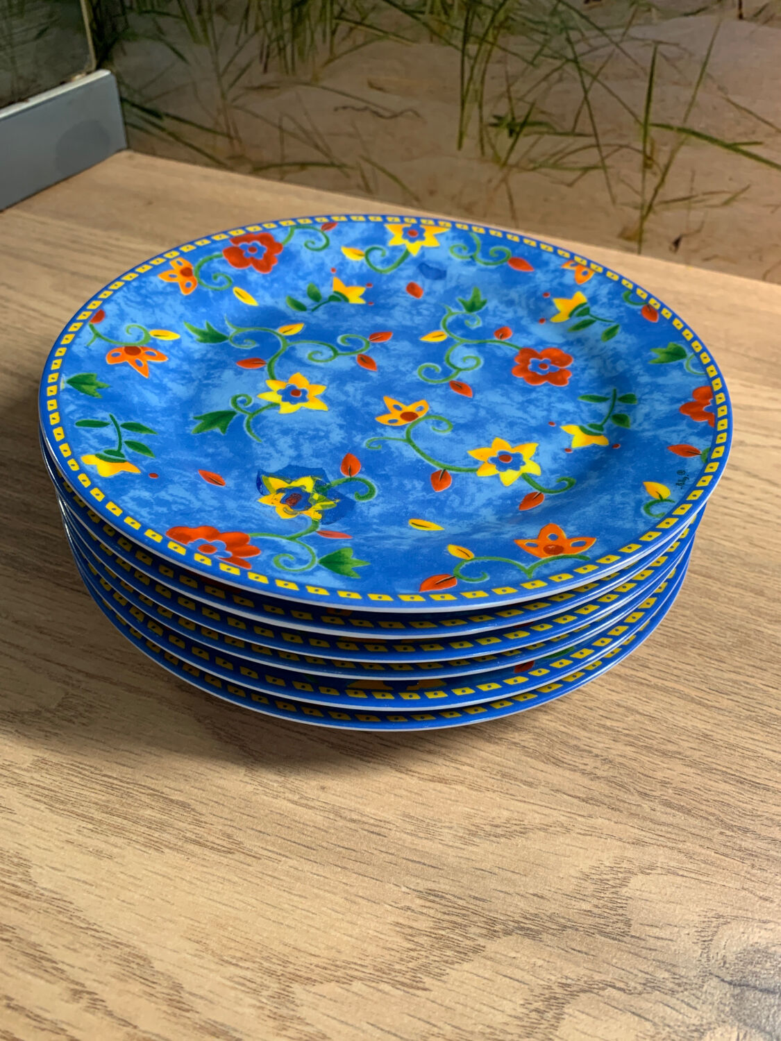 6 assiettes  plates vintage bleu/fleurs 19,5cm