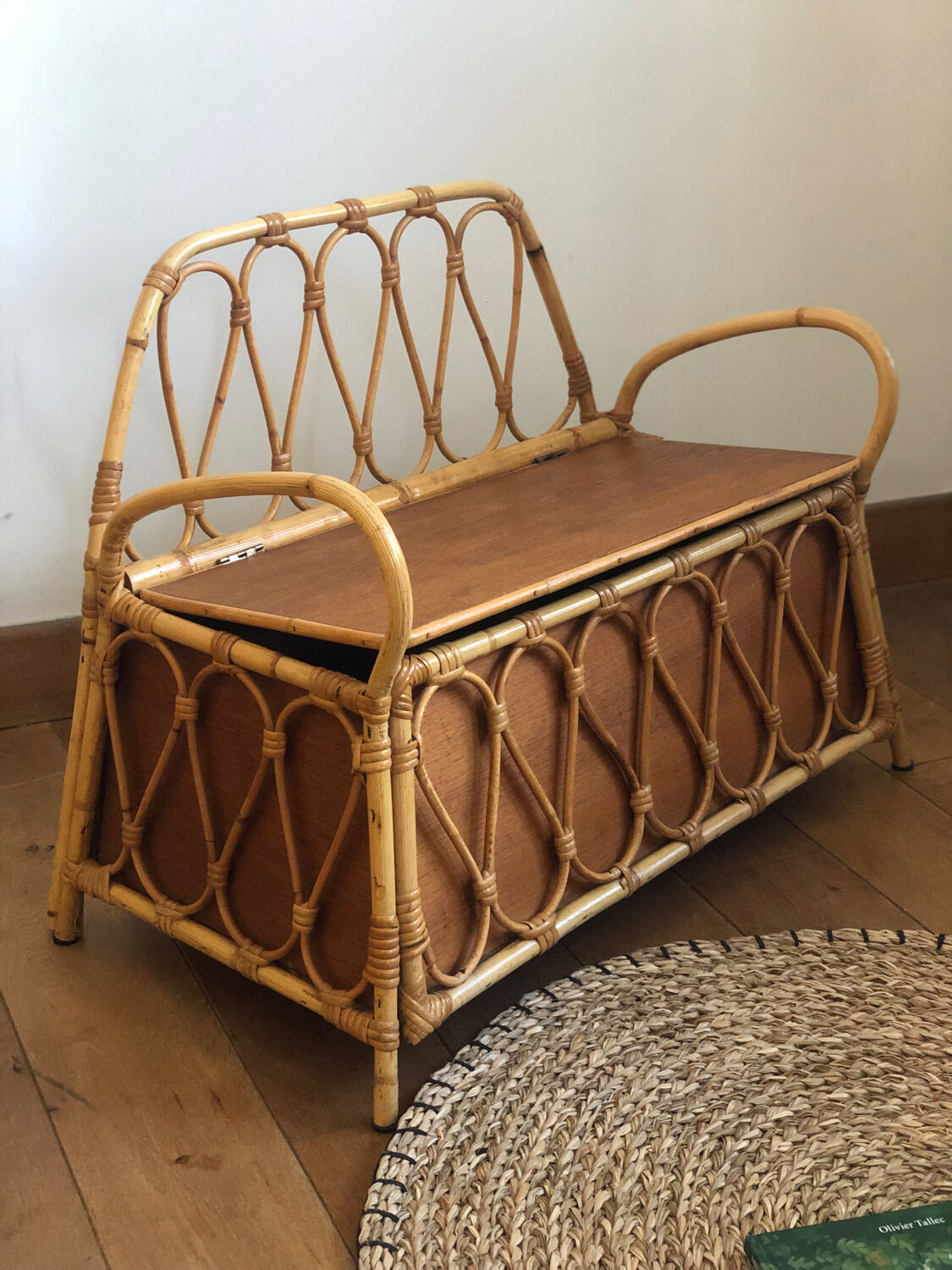Vintage rattan storage bench for children, 1960s