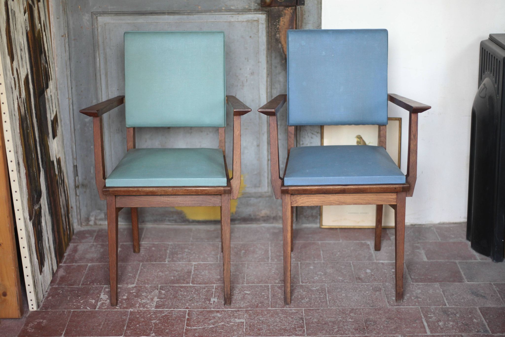 Pair of wooden bridge armchairs from the 1950s, vintage chairs.