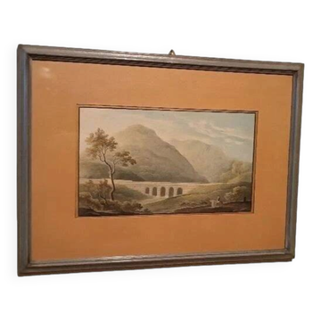 19th Century Watercolour on Paper – Landscape with Aqueduct and Bridge