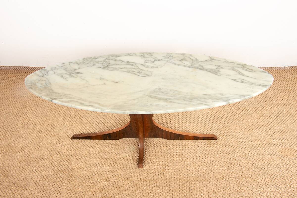 Oval coffee table in Carrara marble and rosewood, Hugues Poignant 1960