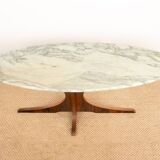 Oval coffee table in Carrara marble and rosewood, Hugues Poignant 1960