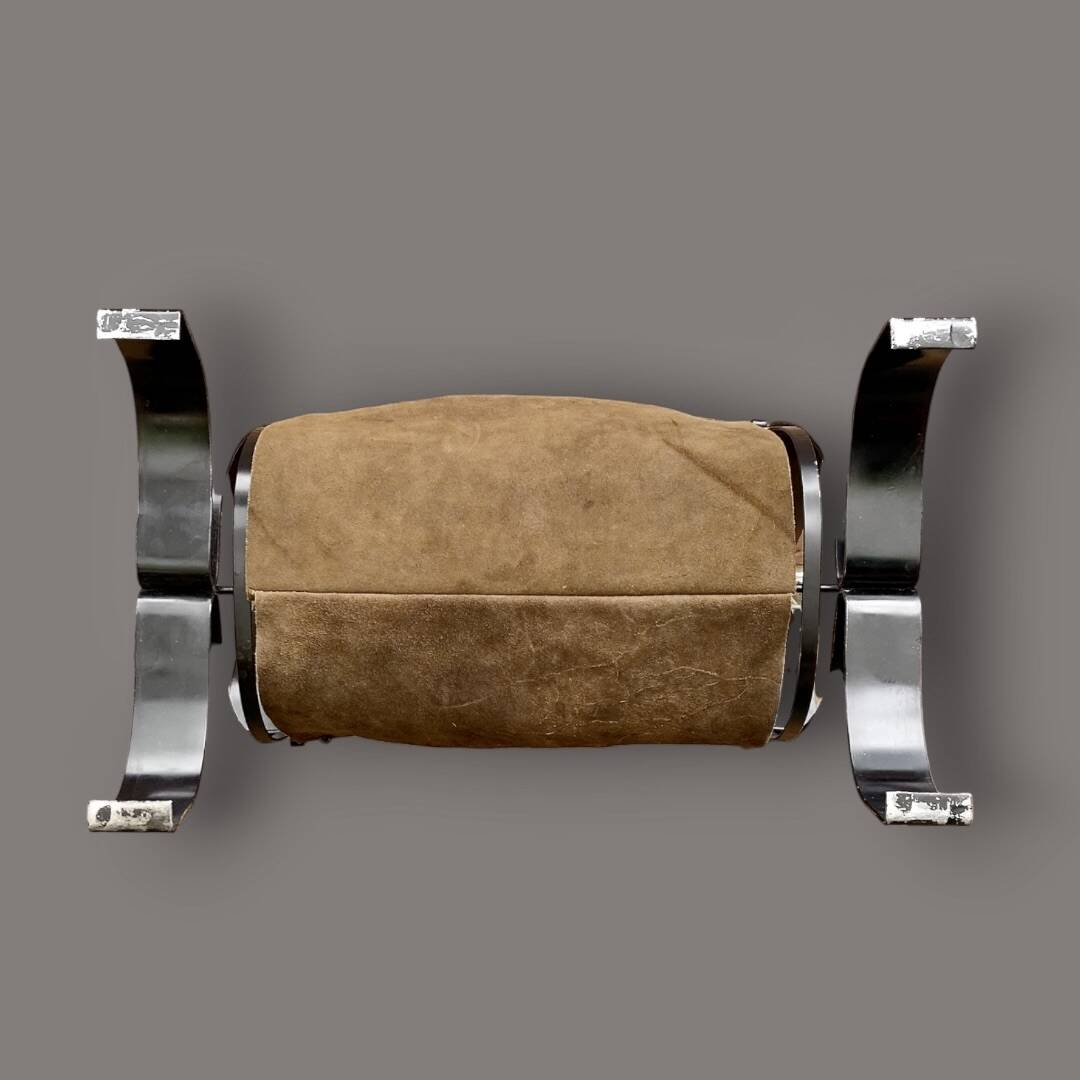 Antique wrought iron, wood and suede magazine rack - 4.1 kg - 1950s