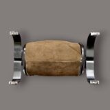 Antique wrought iron, wood and suede magazine rack - 4.1 kg - 1950s