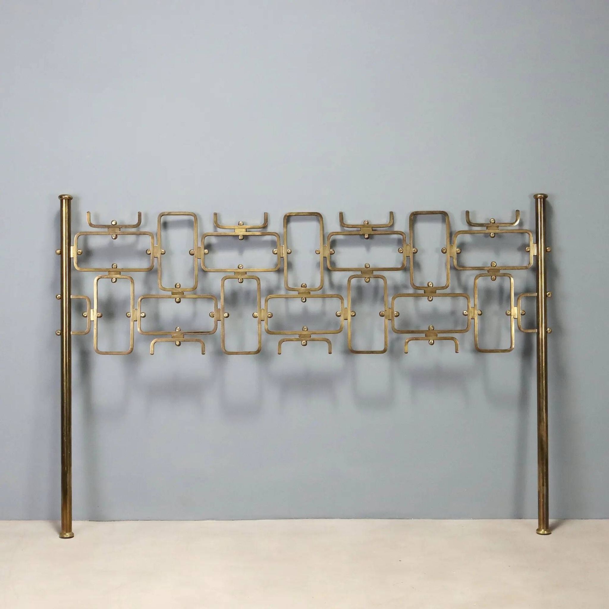 Vintage headboard for double bed in brass, geometric design, Italy, 1960s.