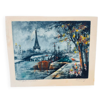 Eau-forte ancienne couleurs – Vue de Paris et Tour Eiffel