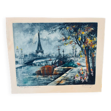 Old colour etching – View of Paris and the Eiffel Tower