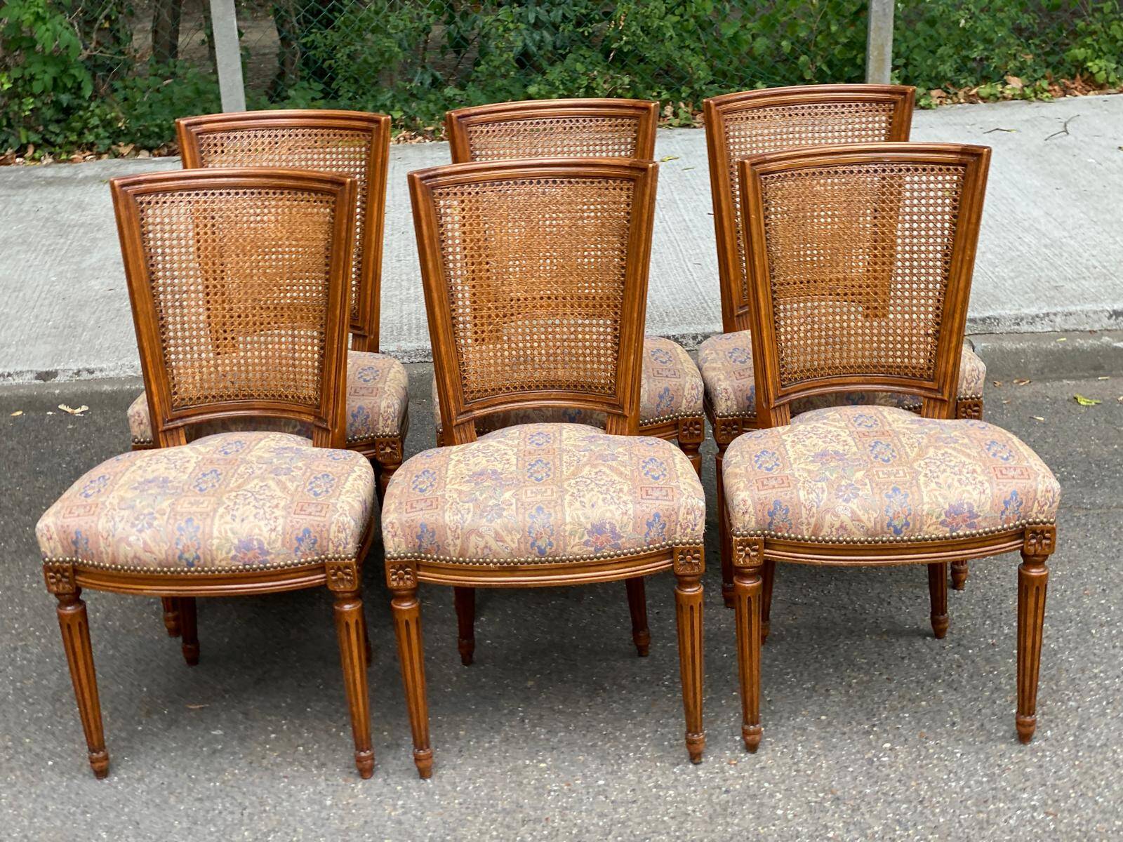 Set of 6 Louis XVI style chairs with caned backs and 70s jacquard fabric.