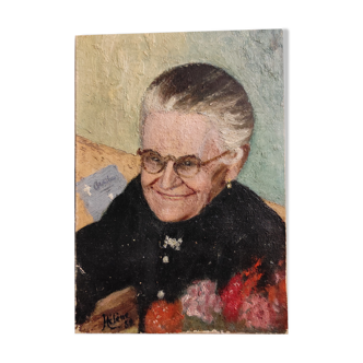 Portrait à l’huile vintage, signé Hélène, 1958