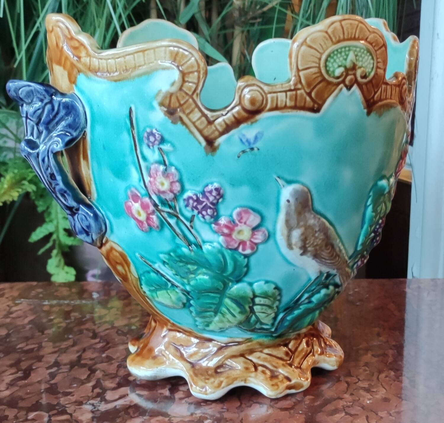 Old Cache Pot Barbotine Decor Warbler Bird Flowers Onnaing