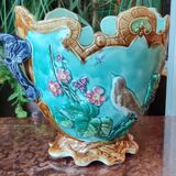 Old Cache Pot Barbotine Decor Warbler Bird Flowers Onnaing